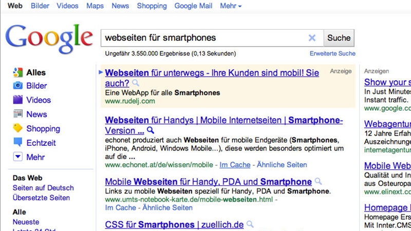 Google Startseite: Screenshot mit Suche nach Webseiten für Smarpthones - echonet.at auf Platz 1 (24. 5. 2011) © echonet communication